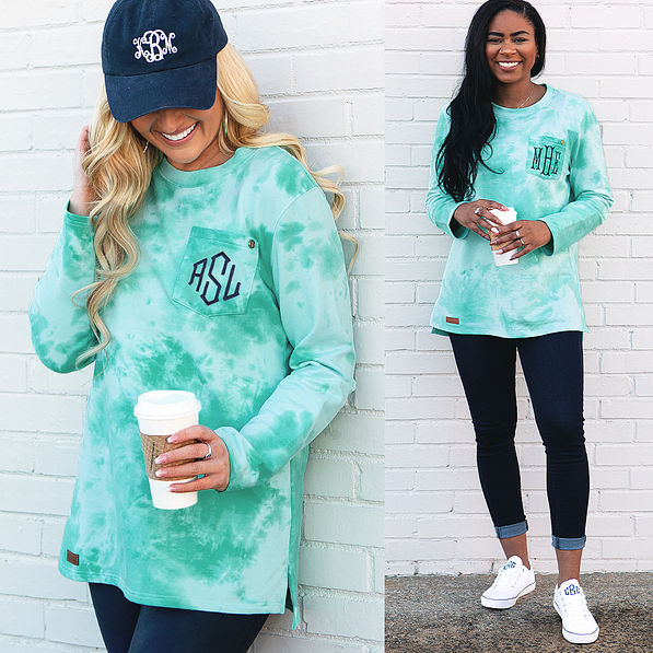 monogrammed teal crewneck tie dye sweatshirt on 2 models