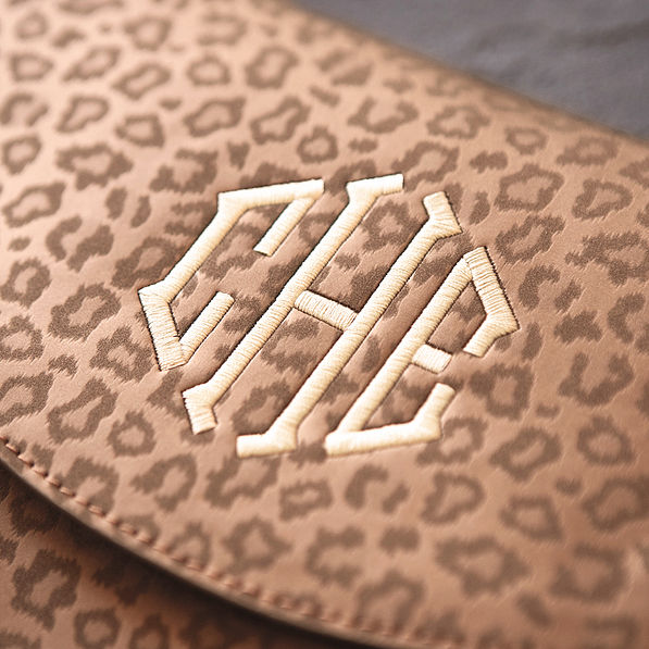 Brown Metallic Leopard monogrammed clutch on Detailed shot