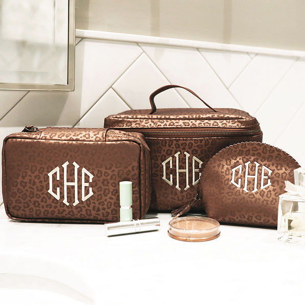 monogrammed metallic leopard rectangle cosmetic bag