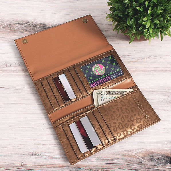 open metallic leopard wallet with snaps
