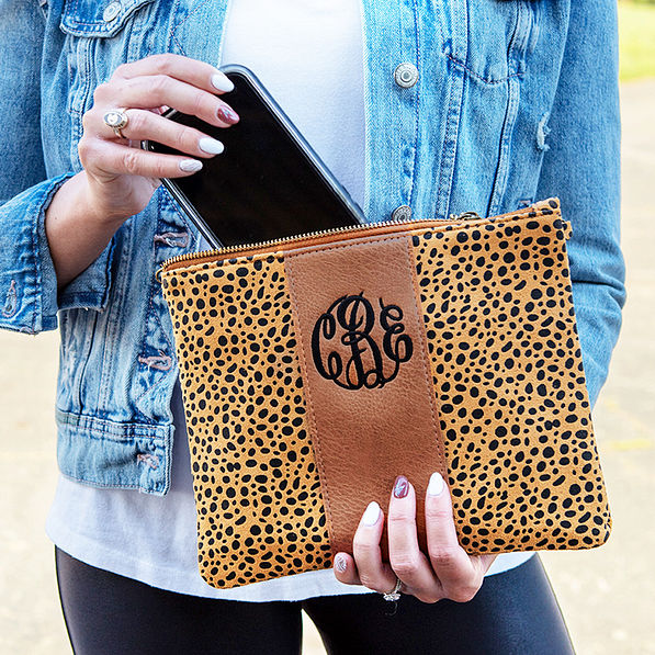 leopard dot monogrammed center stripe clutch with phone