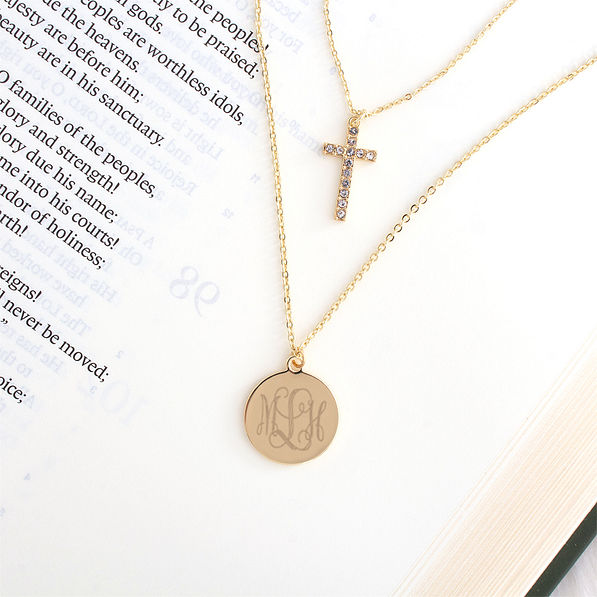 Monogrammed Layered Cross Necklace in Gold on Bible