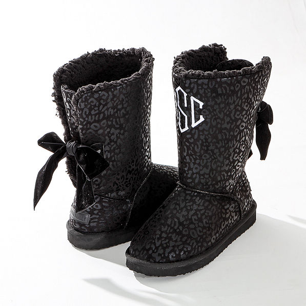 onyx leopard sherpa tie booties in studio