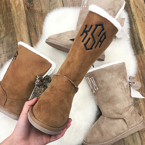 Monogrammed Sherpa Tie Booties in Leopard and Tan