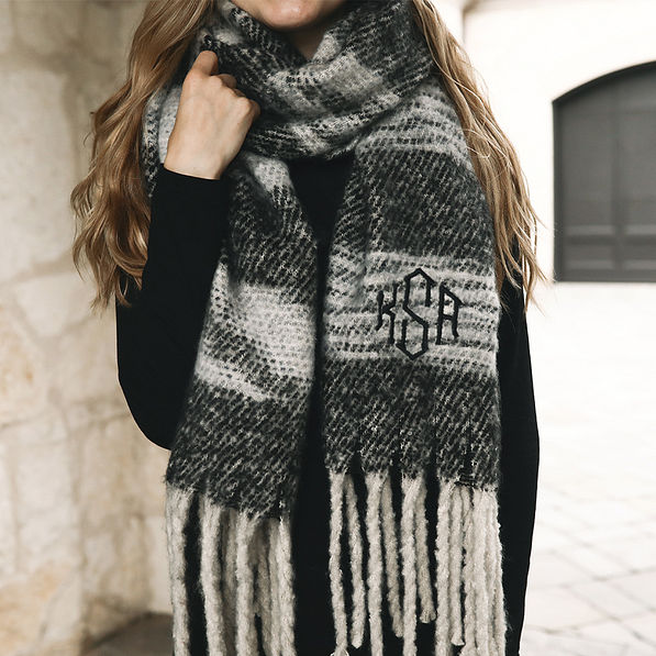 charcoal striped scarf on model