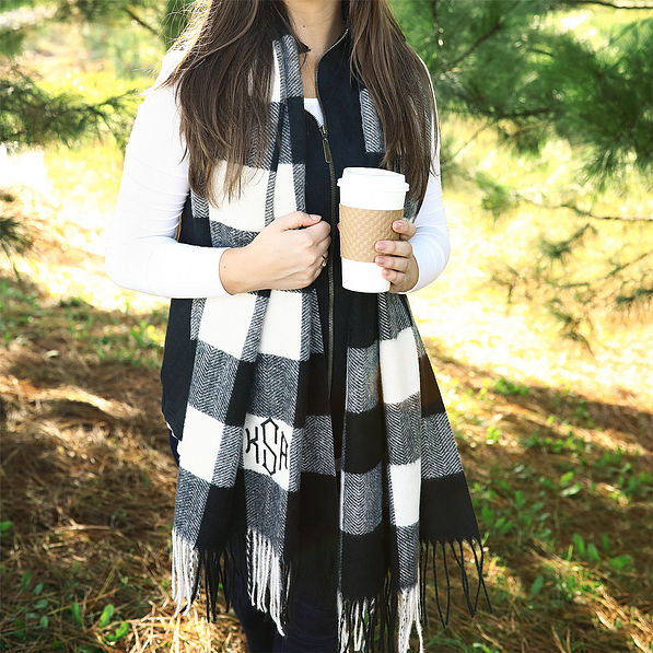 monogrammed checked scarf with fringe