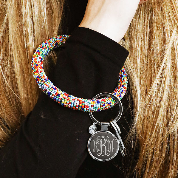 monogrammed rainbow bead key chain around wrist