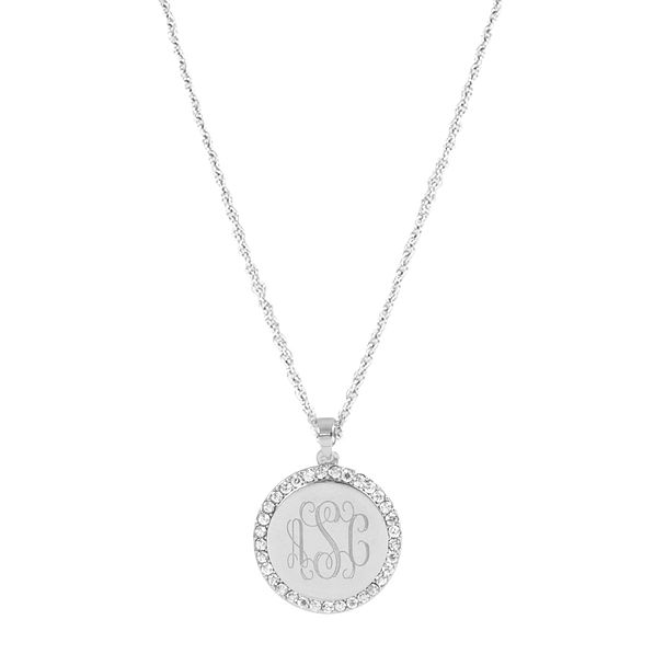 monogrammed rhinestone disc necklace in silver
