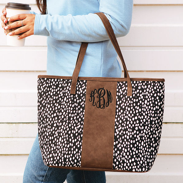 monogrammed dottie tote bag with coffee