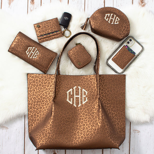 brown metallic leopard tote with matching accessories