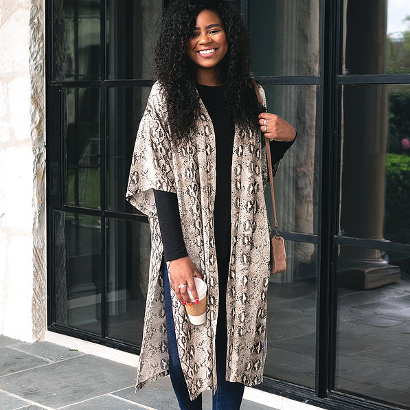 animal print kimono with black long sleeve tee