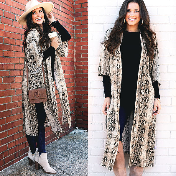 brunette in snakeskin kimono with boots and hat
