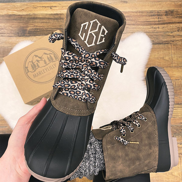 monogrammed leopard lace duck boots selfie with box