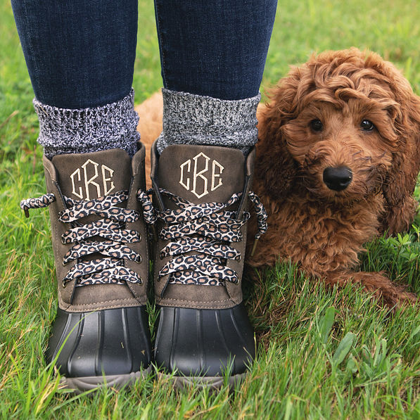 monogrammed leopard lace duck boots with puppy