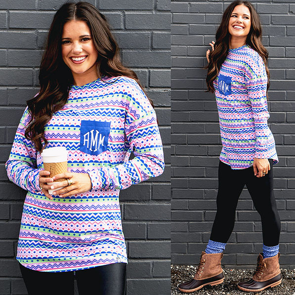 pink, blue, and green holiday long sleeve shirt