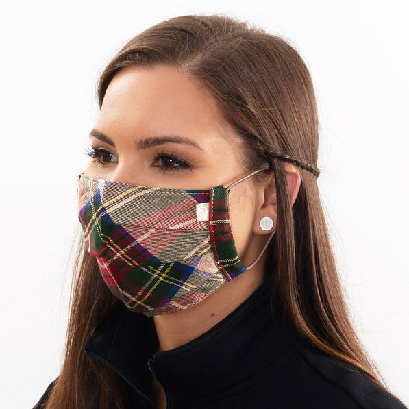 girl wearing camel plaid face mask