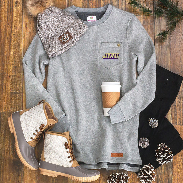 jmu sweatshirt in gray with duck boots