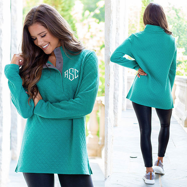 monogrammed teal quilted snap pullover tunic