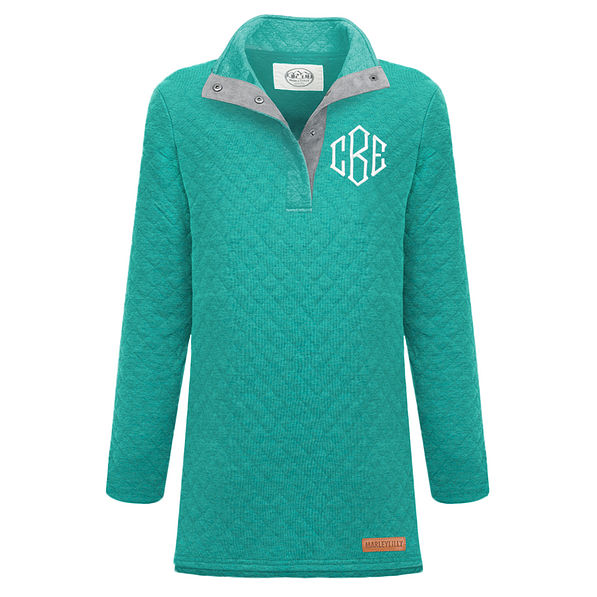 monogrammed quilted snap pullover in teal