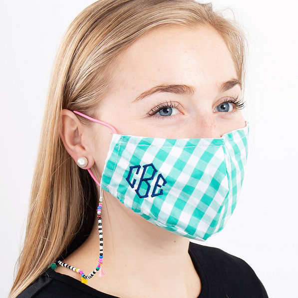 gingham face mask with beaded lanyard