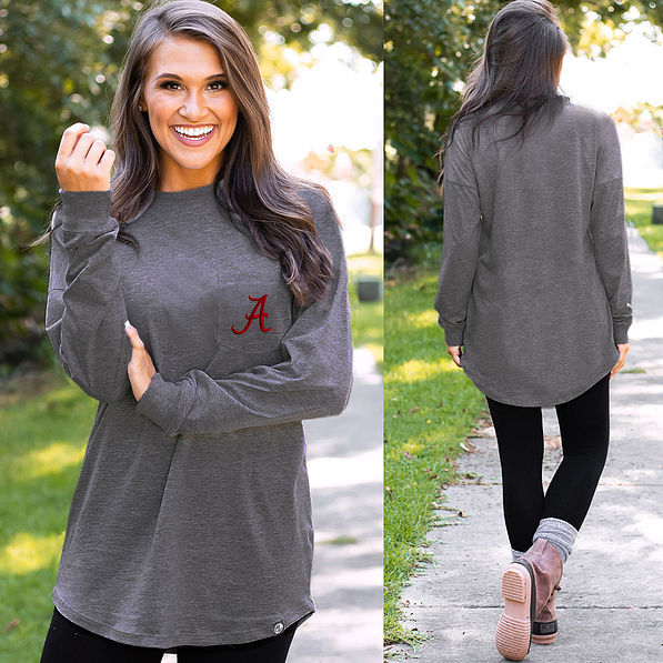 split image of brunette  in charcoal Alabama long sleeve shirt
