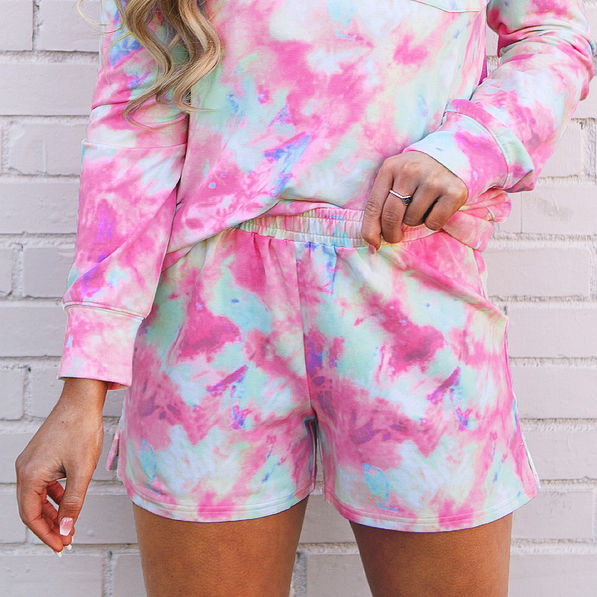 elastic waist tie dye shorts with front tuck