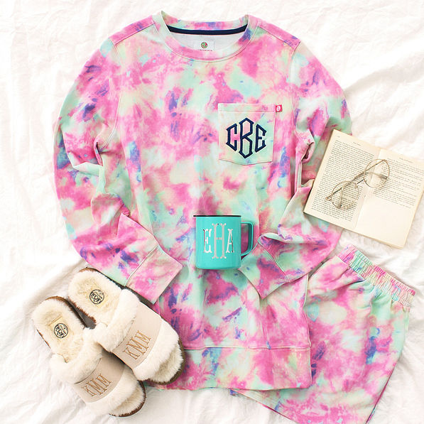 tie dye loungewear with shorts and sweatshirt