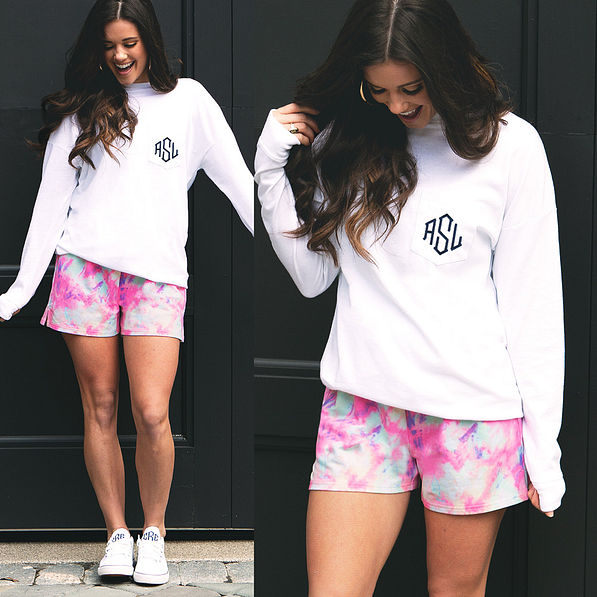 tie dye shorts with monogrammed t-shirt
