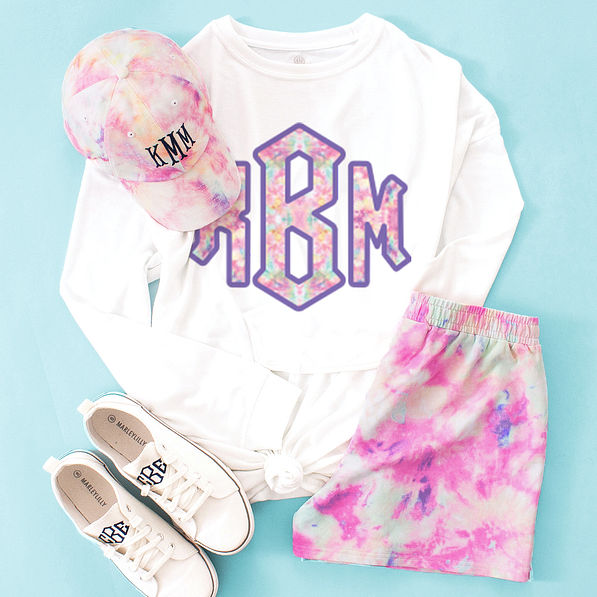 tie dye shorts with monogrammed tie dye t-shirt