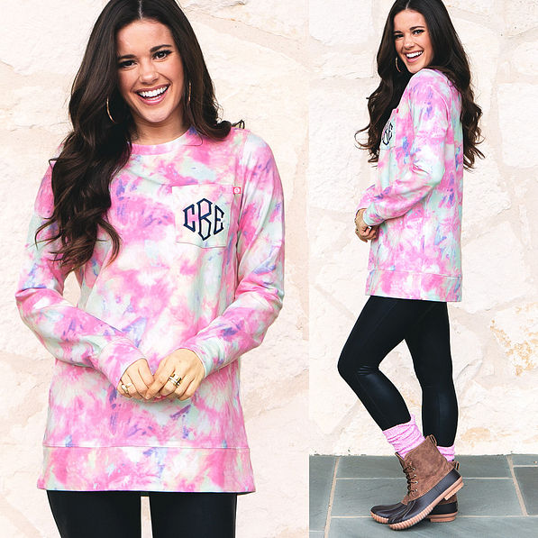 monogrammed tie dye sweatshirt with leggings and duck boots