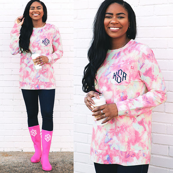 monogrammed tie dye sweatshirt with pink rain boots
