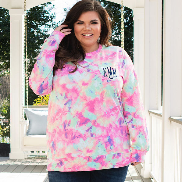 monogrammed tie dye terry sweatshirt on porch