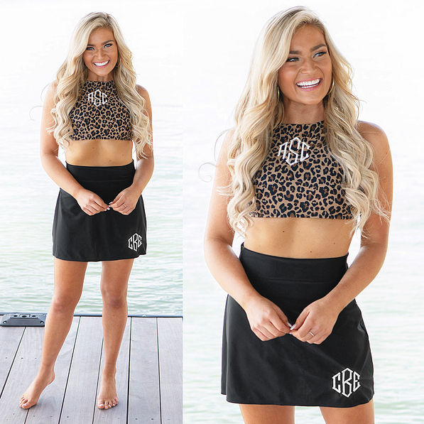 leopard high neck bikini top with swim skirt
