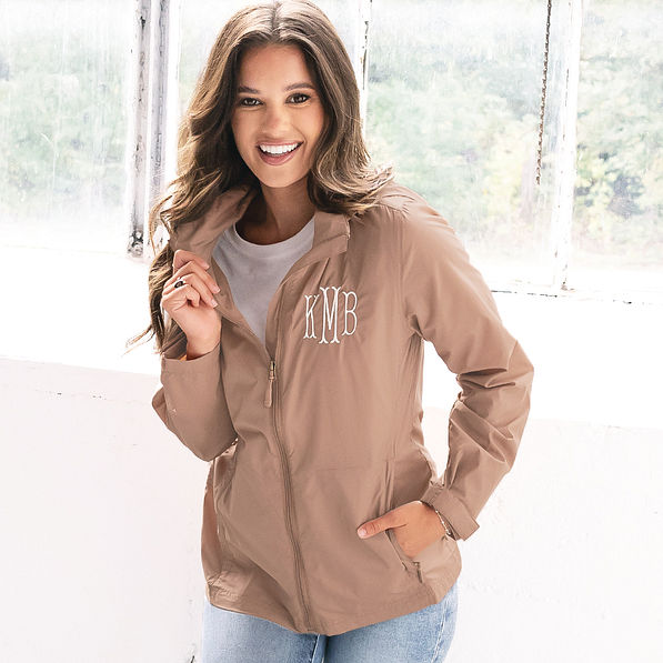 girl wearing personalized acorn rain jacket