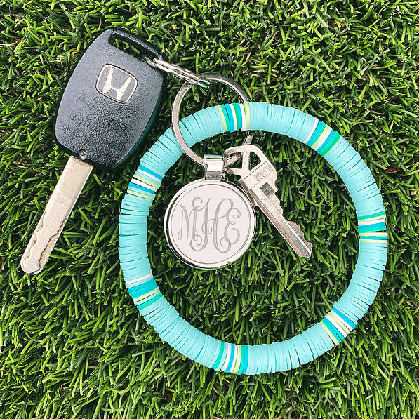 blue mint circle key ring in grass