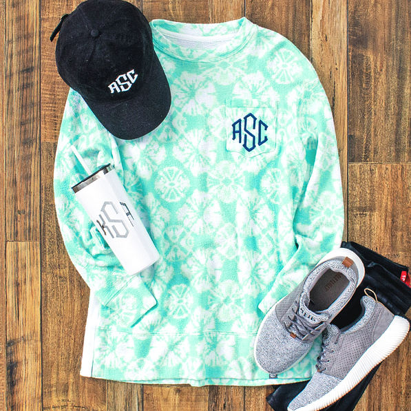 mint tie dye monogrammed coastal crewneck ootd