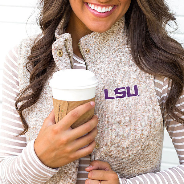 heathered quilted vest with purple lsu logo
