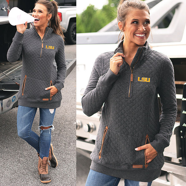 charcoal lsu sweatshirt at tailgate