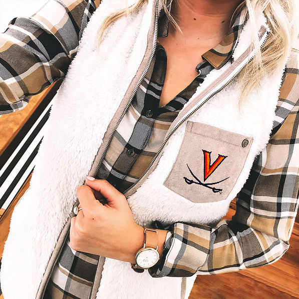 virginia sherpa vest selfie with plaid shirt