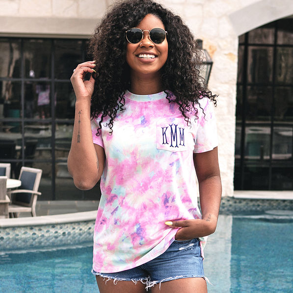 monogrammed tie dye t-shirt with jean shorts