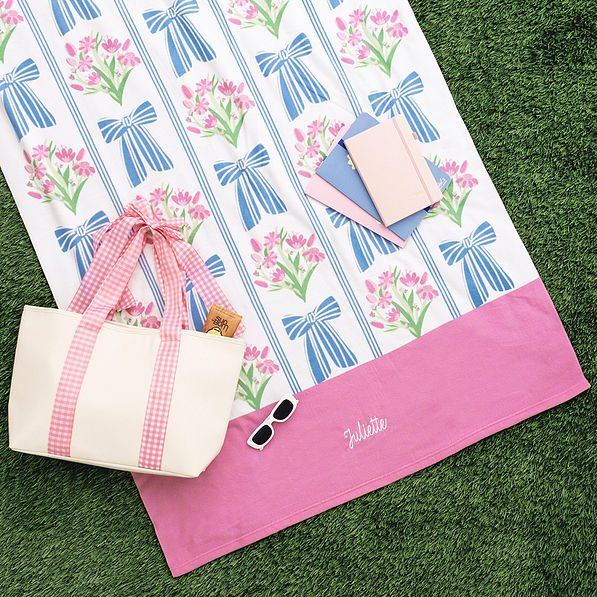 ribbon lattice monogrammed beach towel with gingham tote