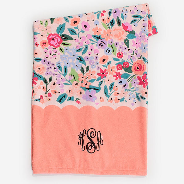 monogrammed beach towel in coral floral