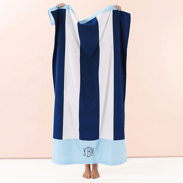 navy cabana stripe monogrammed towel hanging