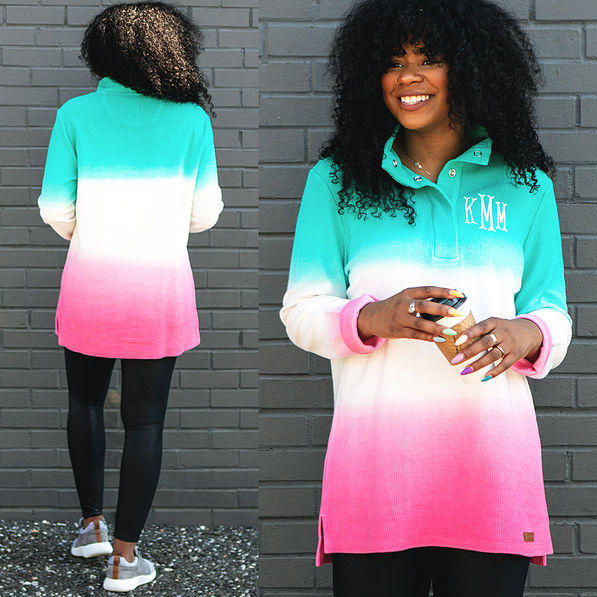 front and back of monogrammed tie dye corded snap pullover