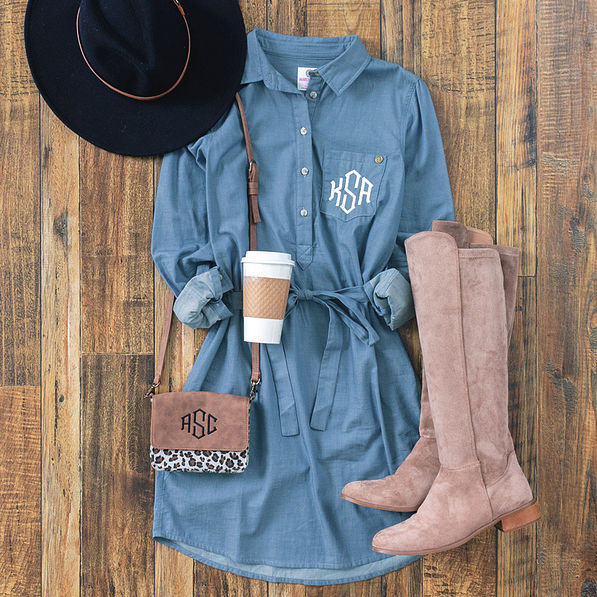 monogrammed chambray dress with riding boots, crossbody and wide brim hat