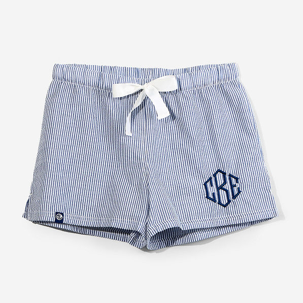 Monogrammed Sleep Shorts in Navy Seersucker