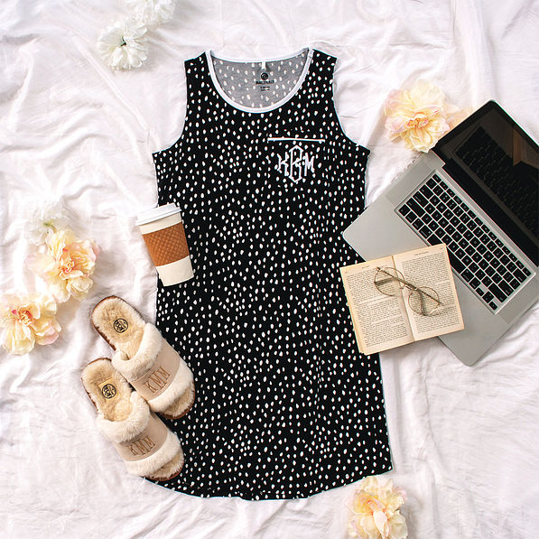 dottie monogrammed tank sleep dress with laptop, book and slippers