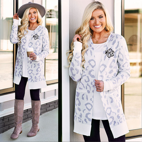 monogrammed white leopard cardigan with boots