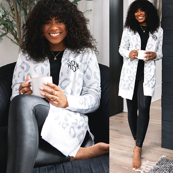 cozy monogrammed leopard cardigan
