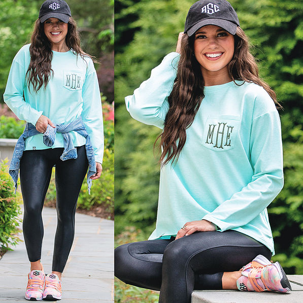 mint monogrammed casual sweatshirt with leggings and sneakers
